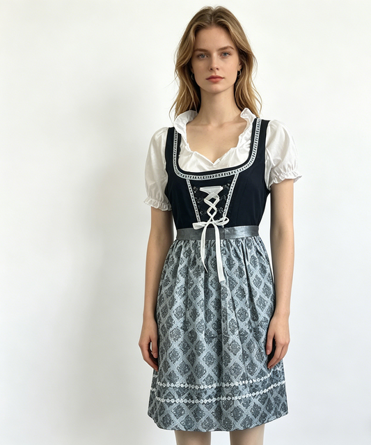 Dirndl Damen elegant mit Schürze Trachtenkleid in Blau/Grau