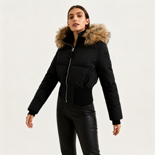 Gesteppte Winterjacke Damen aus Leinen mit Kapuze und Kunstfellbesatz