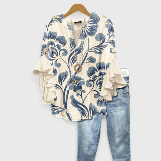 Bluse Damen mit V-Ausschnitt und Volant-Ärmeln