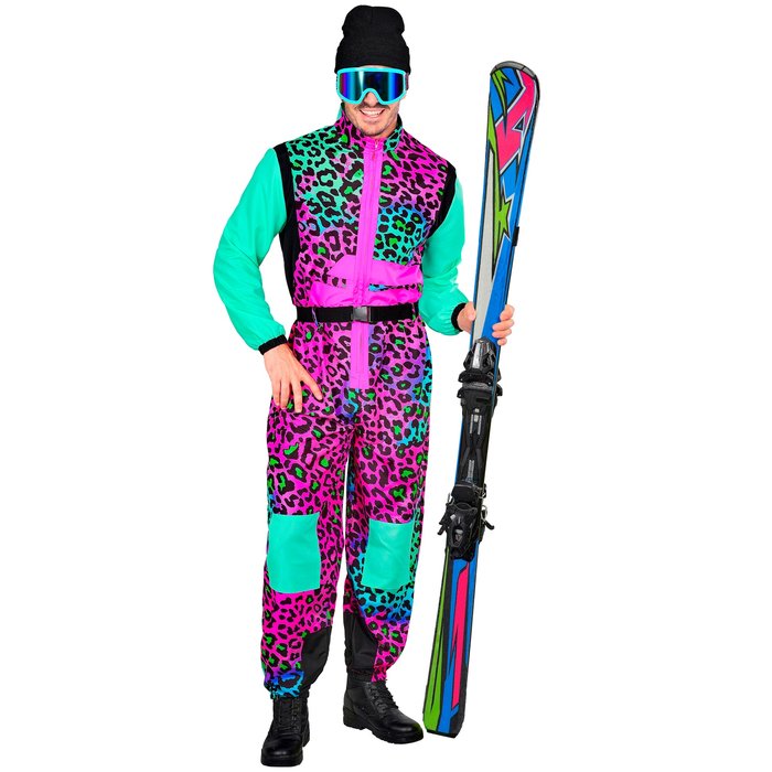 Damen Skianzug einteilig Leopard – bunter Retro-Overall in Türkis
