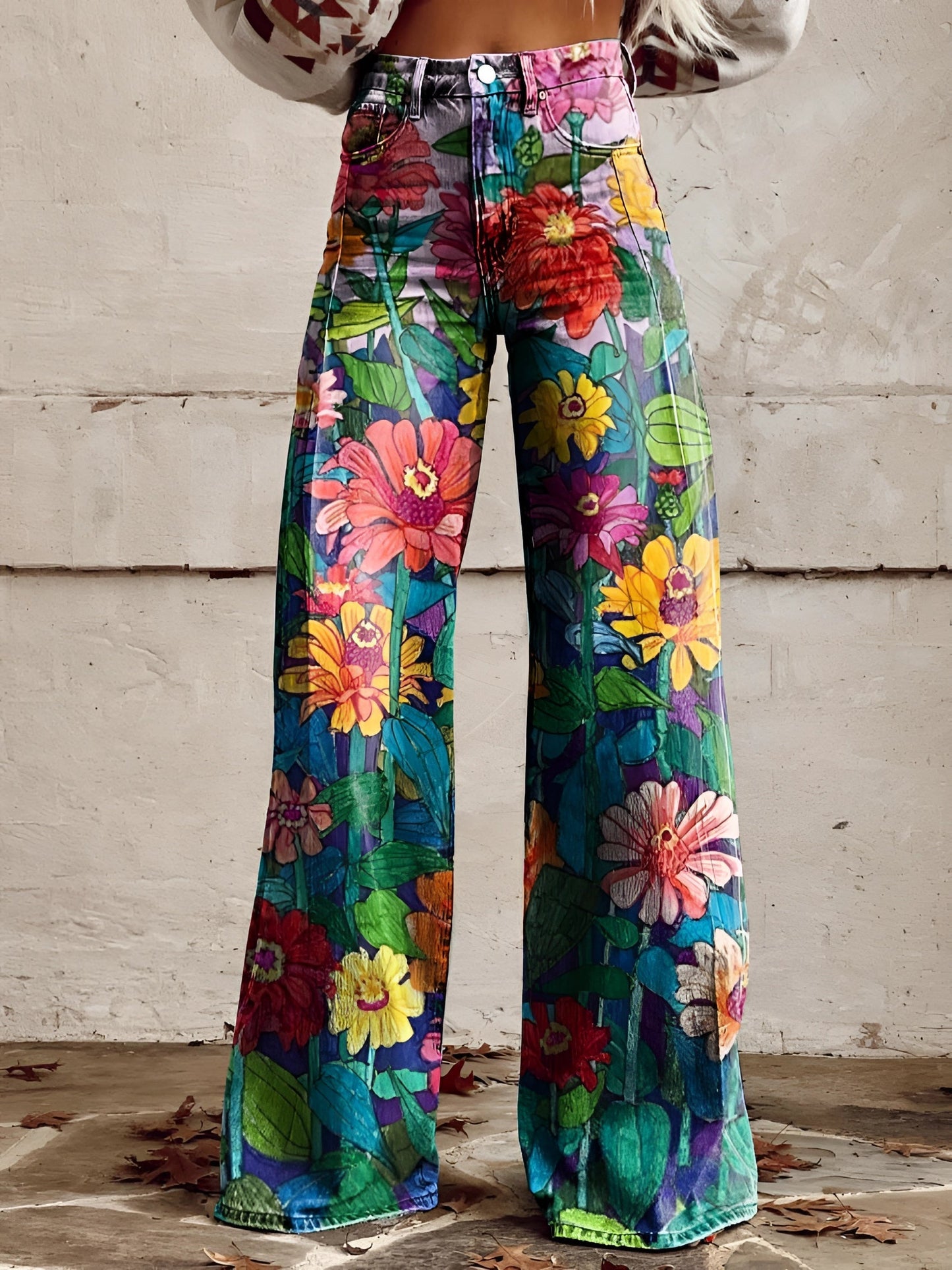Damen Wide-Leg-Jeans High-Waist aus Denim mit Blumenprint – Detailansicht