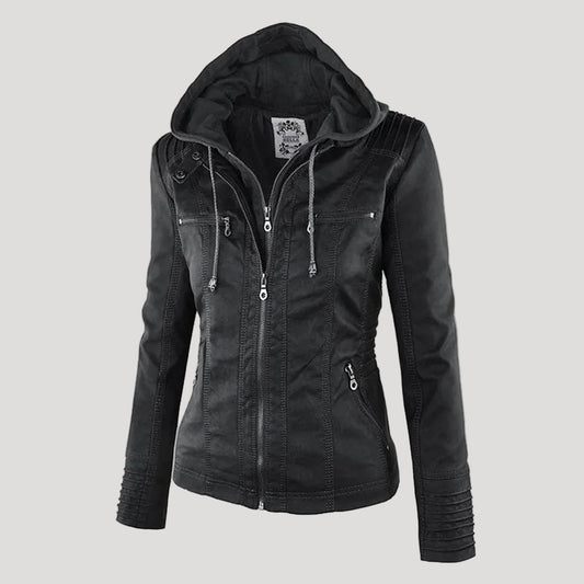 Kunstleder-Jacke Damen mit abnehmbarer Kapuze