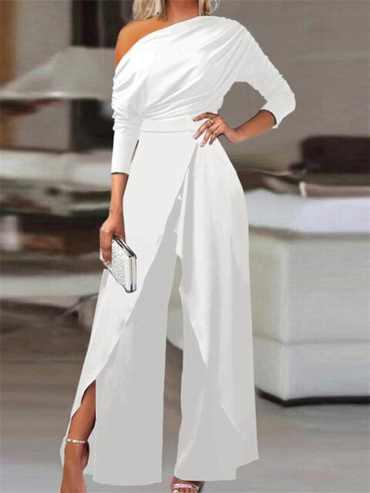 One-Shoulder-Jumpsuit Damen aus Polyester in Weiß – Wide-Leg-Overall, Vorderansicht