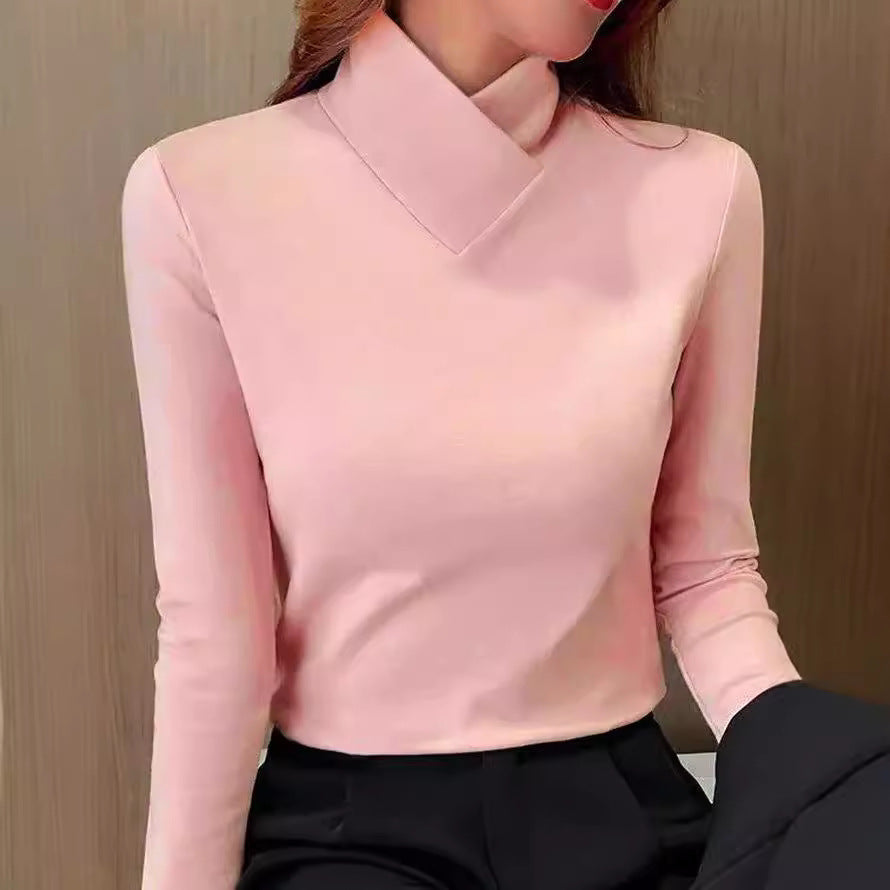Rollkragen-Top Damen aus Baumwolle – Langarm-Shirt mit Umschlagkragen, Detailansicht