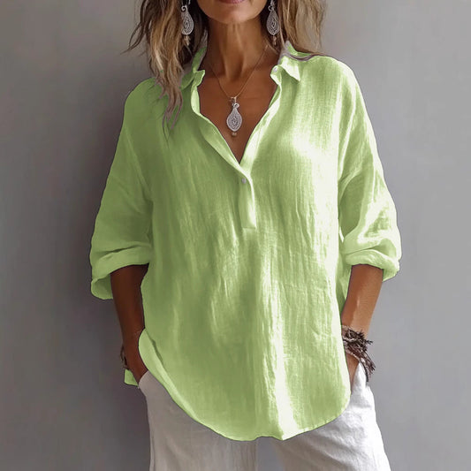 Leinen-Hemdbluse Damen in Grün – lockere Bluse mit Knopfleiste, Vorderansicht