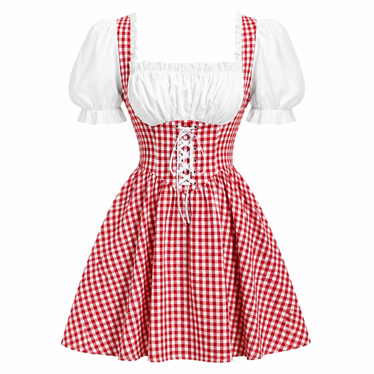Dirndl Damen Oktoberfest kariert Trachtenkleid mit Puffärmeln