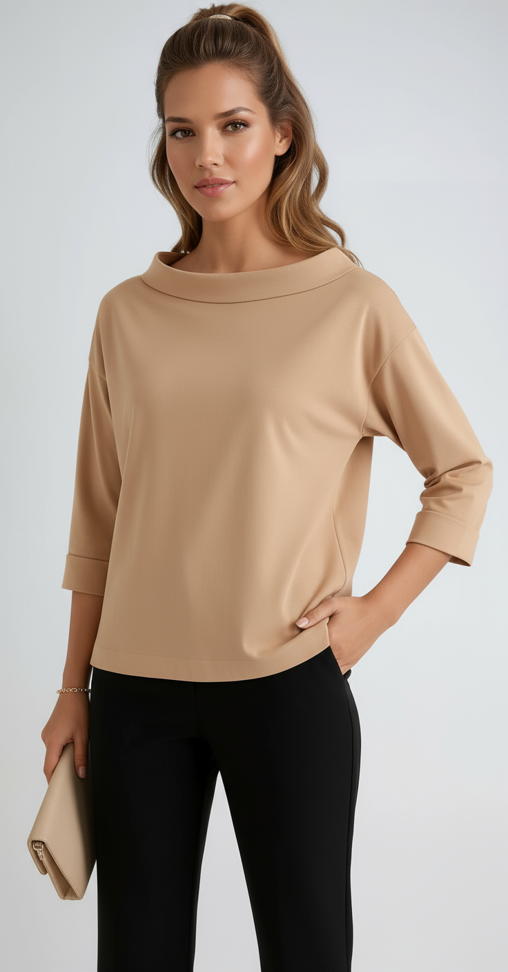 Damen-Top aus Baumwolle mit Boot-Ausschnitt in Camel – 3/4-Arm-Shirt