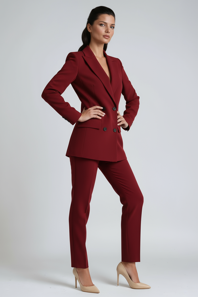 Hosenanzug Damen aus Polyester in Rot – zweireihiges Blazer-Set, Detailansicht