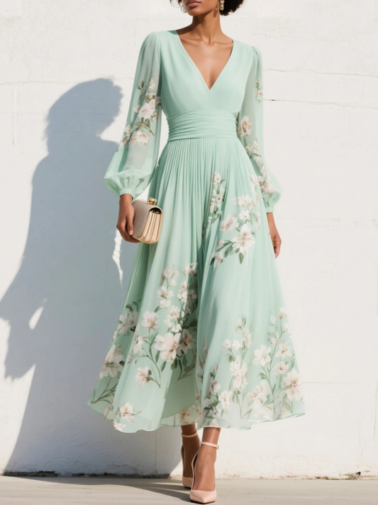 Chiffonkleid Damen in Hellgrün – Blumen-Midikleid mit V-Ausschnitt, Vorderansicht