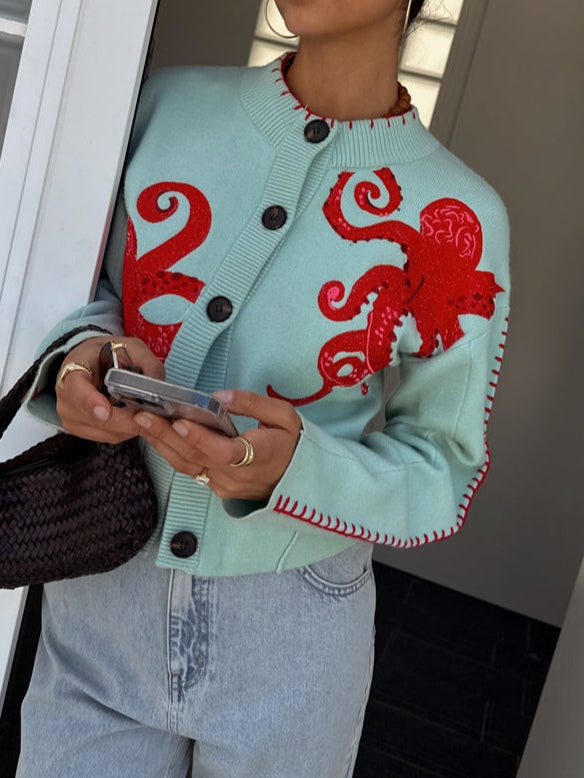 Strickjacke mit Oktopus-Print – Cardigan mit Knopfleiste und Rundhals