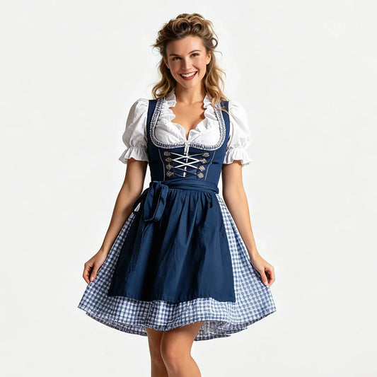 Dirndl Damen mit Schürze und Bluse Trachtenkleid-Set Marineblau