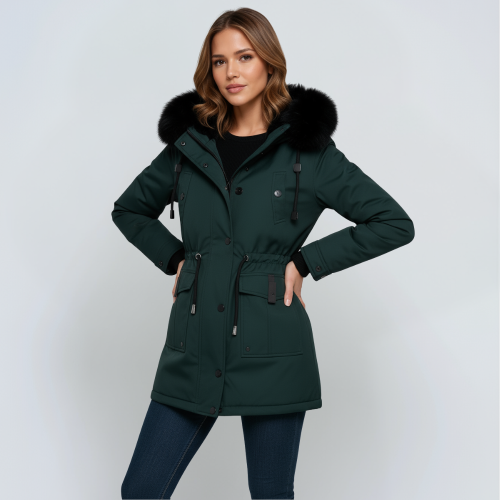 Winterparka Damen mit Kunstfellkapuze – Winterjacke aus Leinen mit Gürtel, figurbetont