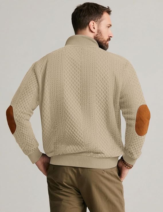 Rustikaler - Strickpullover mit Zopfmuster, Knopfleiste und stilvollen Ellenbogen-Patches