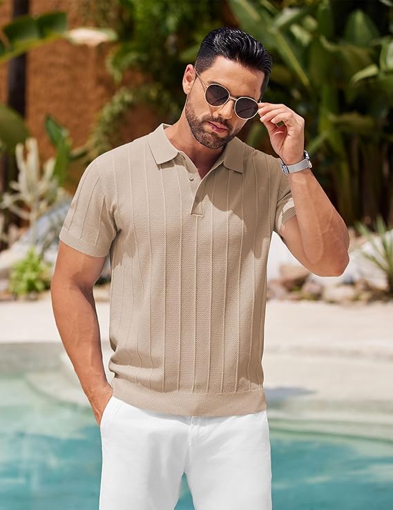 Elegantes - Strickpoloshirt mit vertikaler Struktur und klassischer Knopfleiste Produktbeschreibung