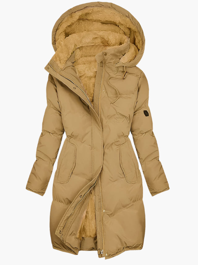 Damen Wintermantel lang mit Kapuze – warmer Mantel mit Kunstpelz