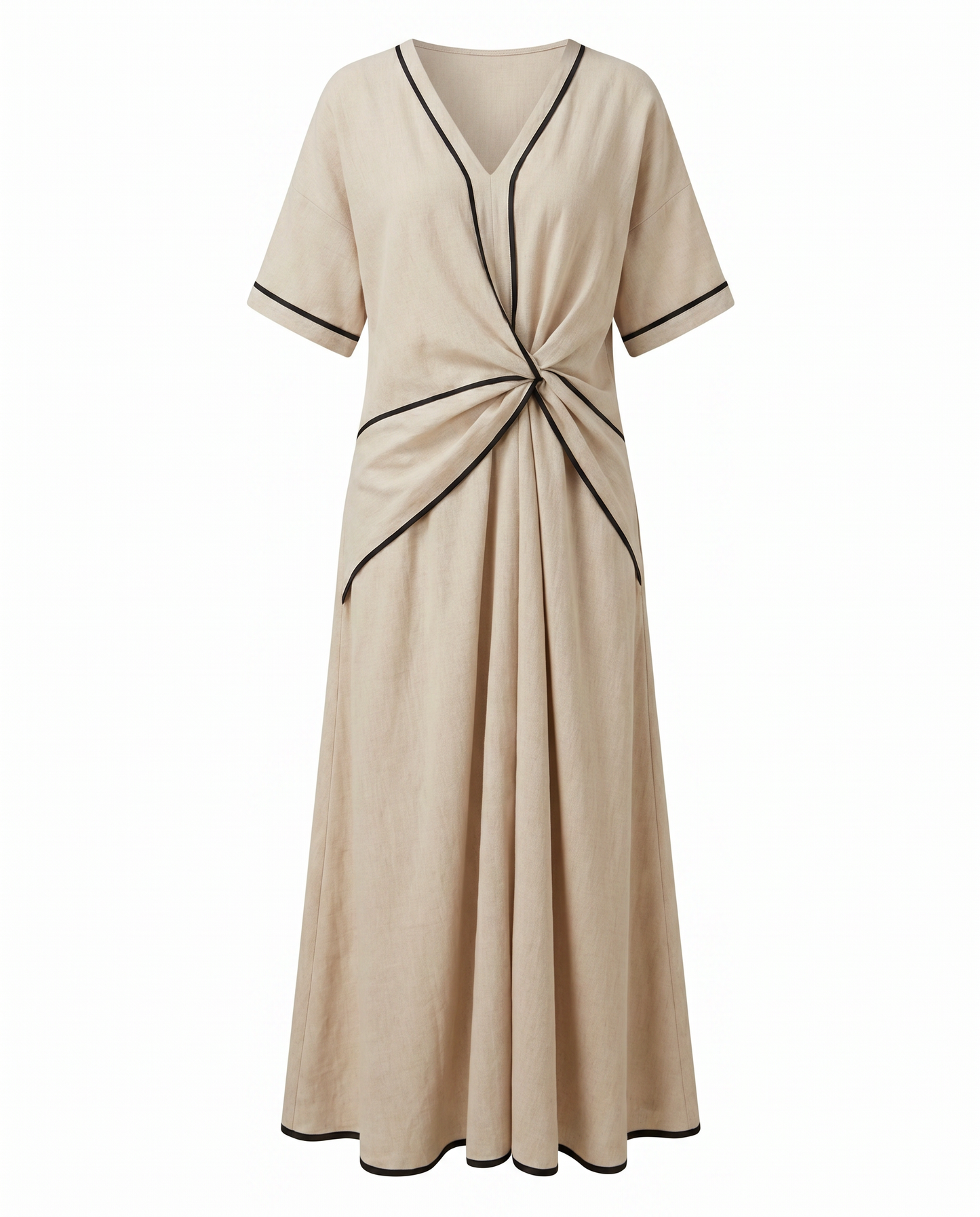 Sommerkleid mit Twist-Front – Maxikleid mit V-Ausschnitt und Kontrastpaspel