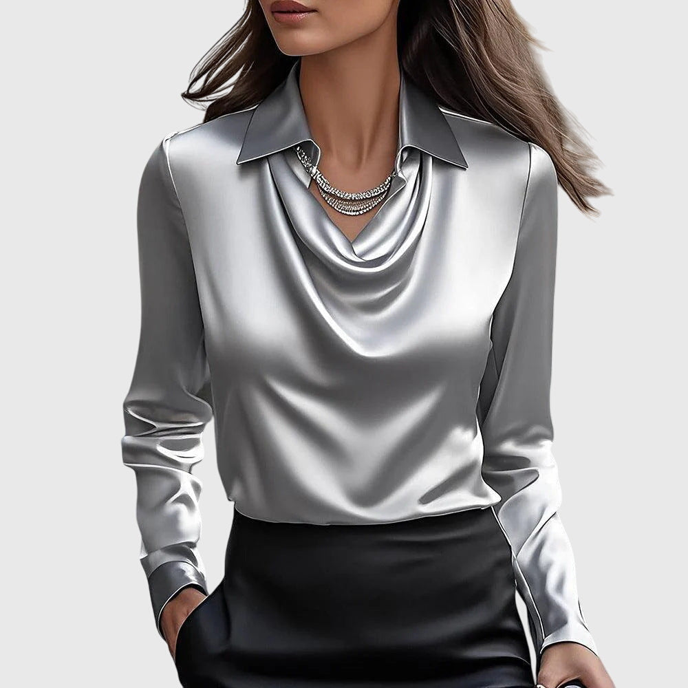 Satinbluse Damen mit plissiertem Ausschnitt