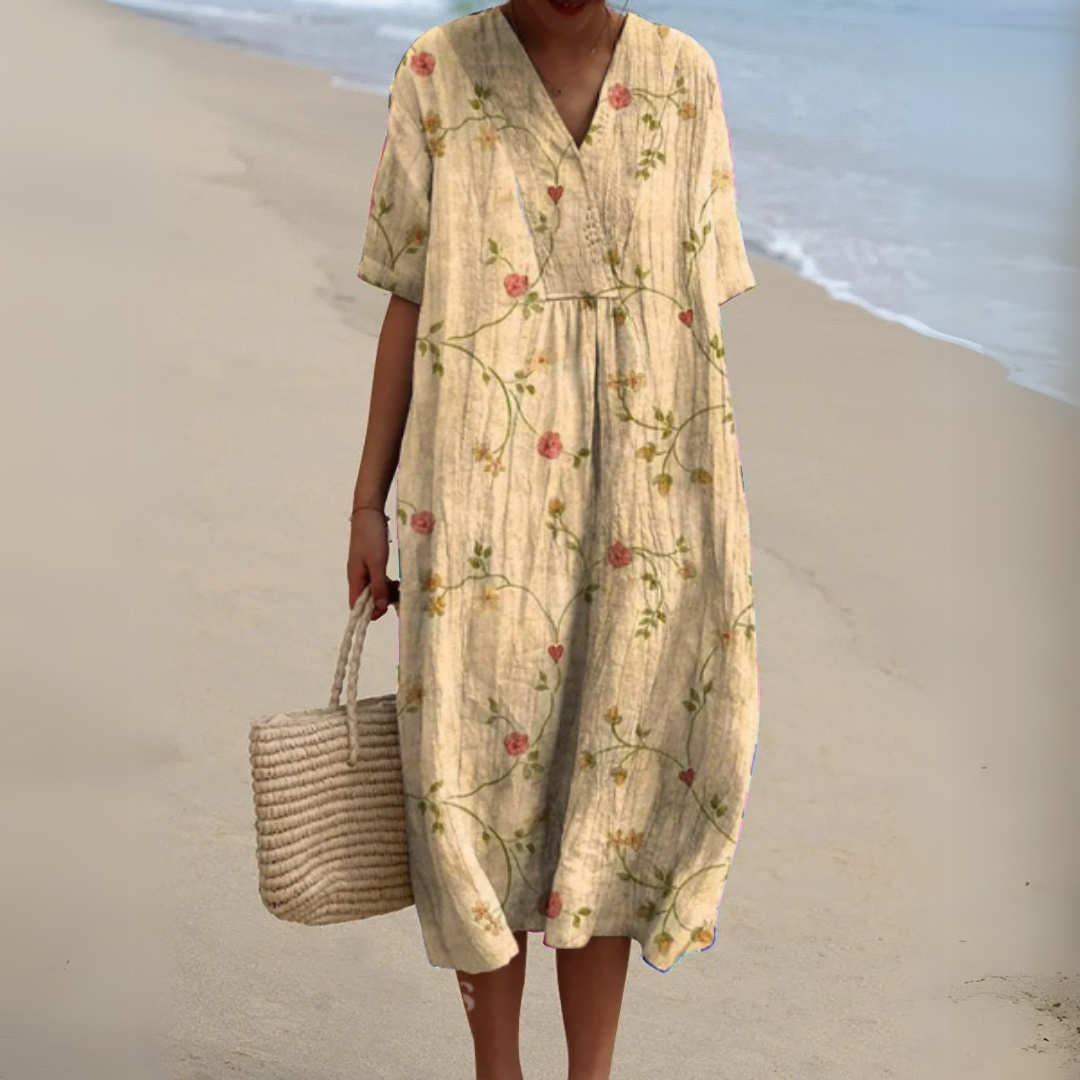 Sommerkleid mit Blumenmuster – luftiges Kleid mit V-Ausschnitt und Bindegürtel