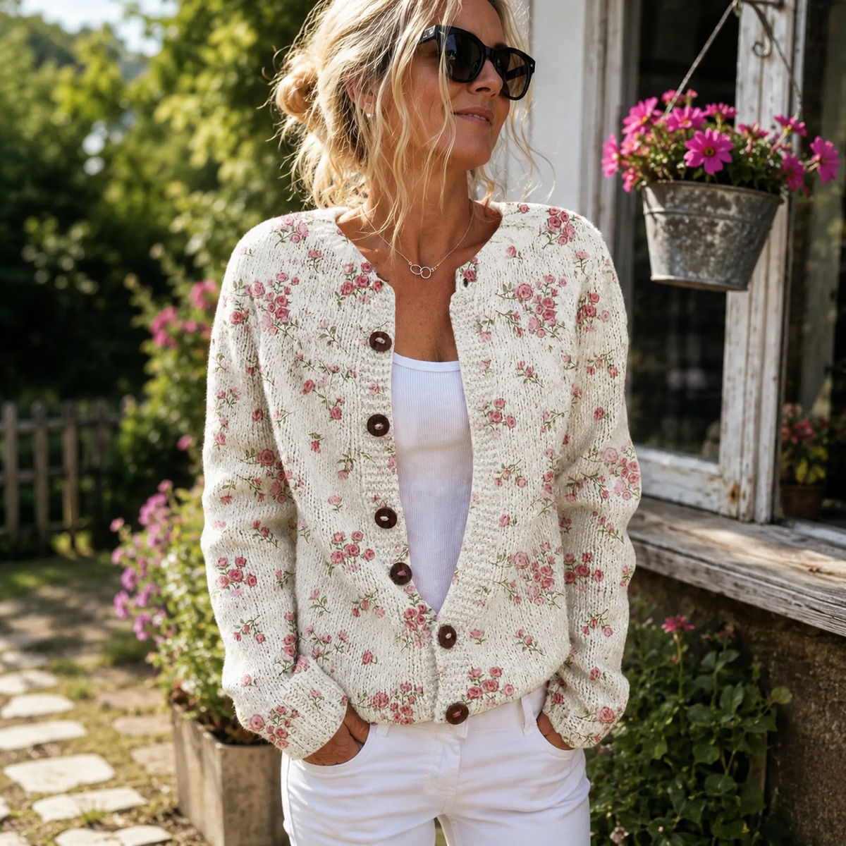 Cardigan Damen mit Blumenmuster – weiche Strickjacke zum Knöpfen