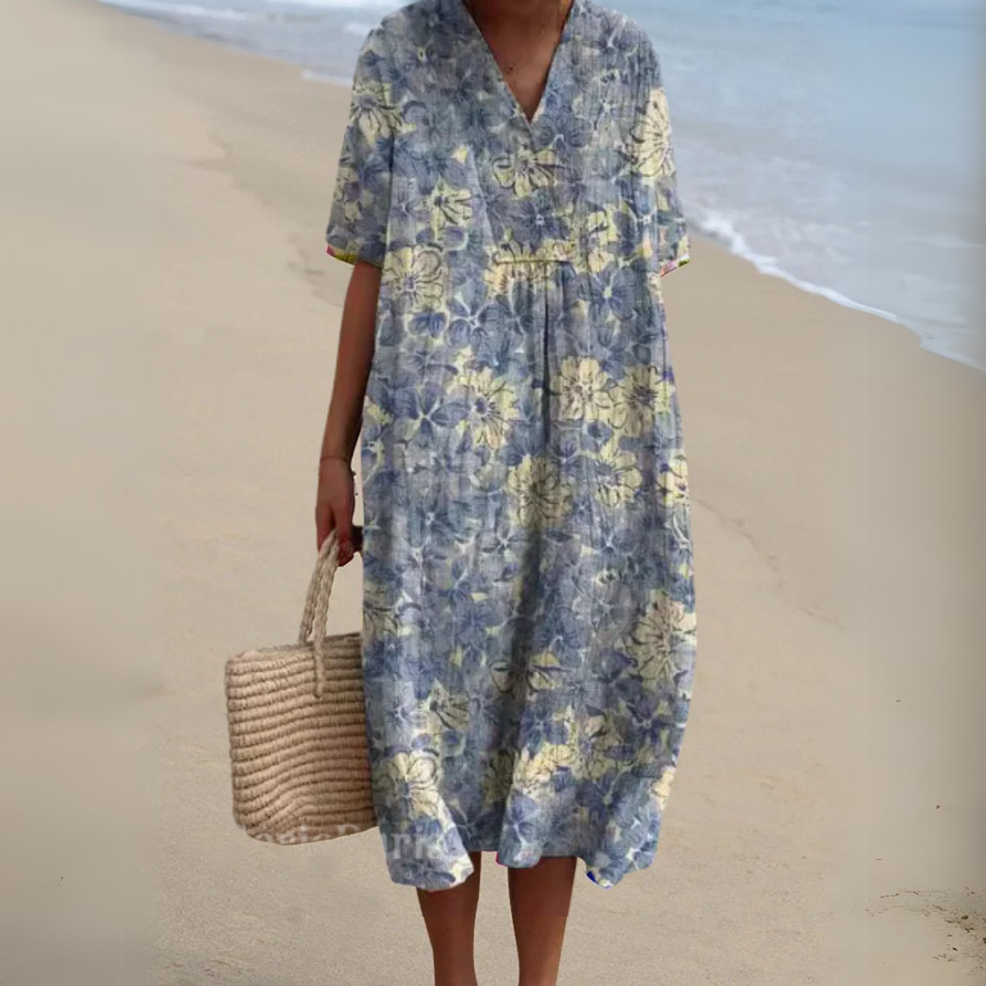 Sommerkleid mit Blumenmuster – luftiges Kleid mit V-Ausschnitt und Bindegürtel
