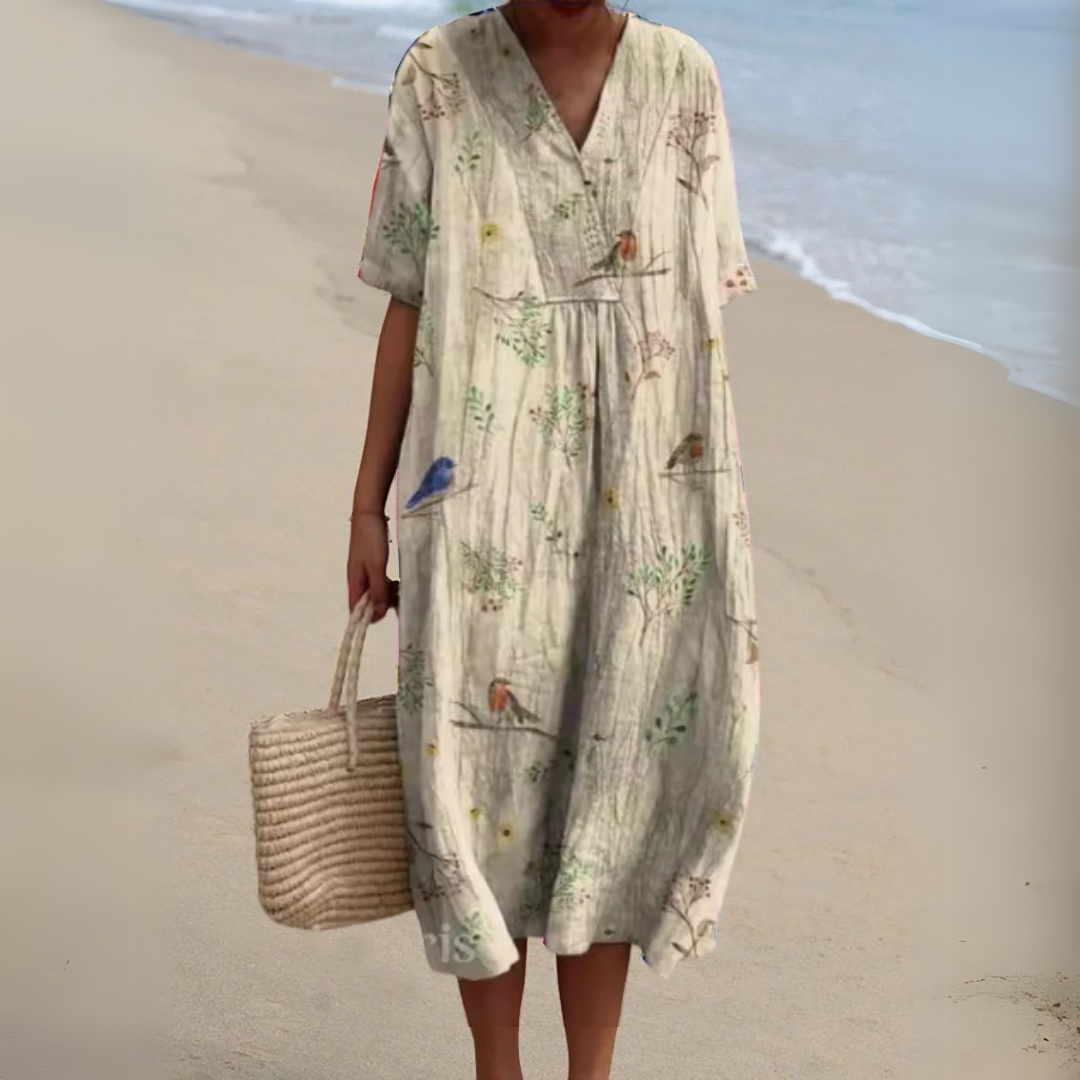 Sommerkleid mit Blumenmuster – luftiges Kleid mit V-Ausschnitt und Bindegürtel