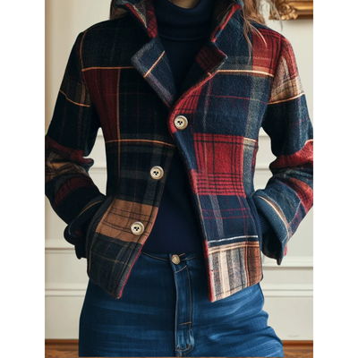 Karierte Jacke Damen aus Wollmischung – taillierte Jacke mit Stehkragen