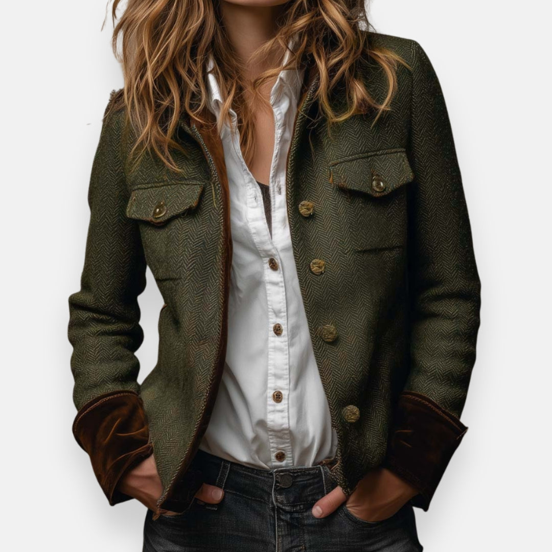 Tweed-Jacke Damen aus Wollmischung mit Samt-Details