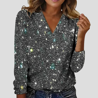 Damen Glitzerbluse mit V-Ausschnitt – elegante Langarmbluse