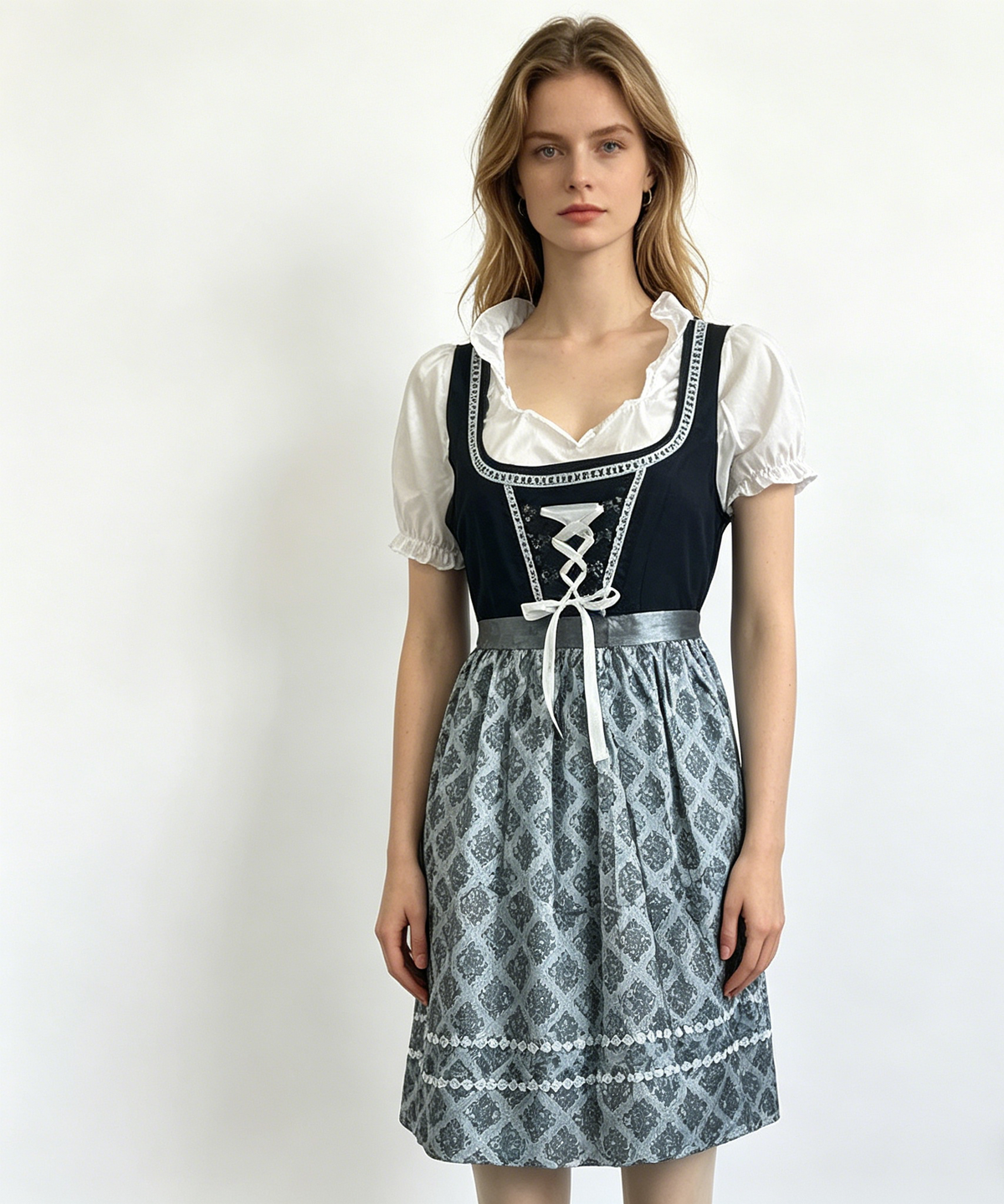 Dirndl Damen elegant mit Schürze Trachtenkleid in Blau/Grau