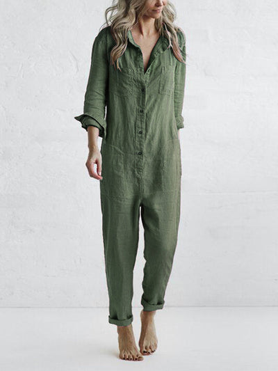Langärmeliger Baumwoll-Jumpsuit – Jumpsuit mit Knopfleiste und Taschen