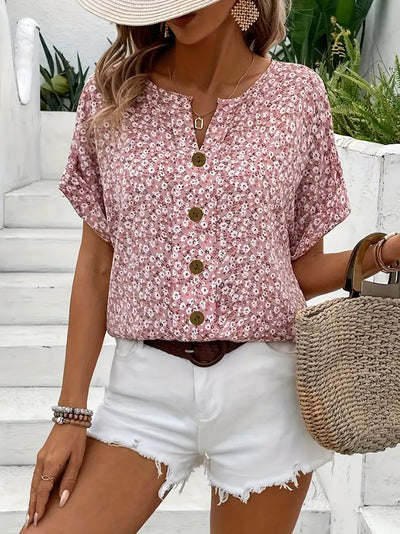 Blumenbluse aus Leinen – luftige Bluse mit Knopfleiste und Blumenmuster