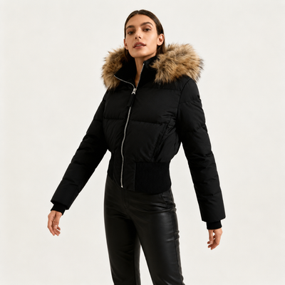 Gesteppte Winterjacke Damen aus Leinen mit Kapuze und Kunstfellbesatz