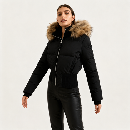 Gesteppte Winterjacke Damen aus Leinen mit Kapuze und Kunstfellbesatz