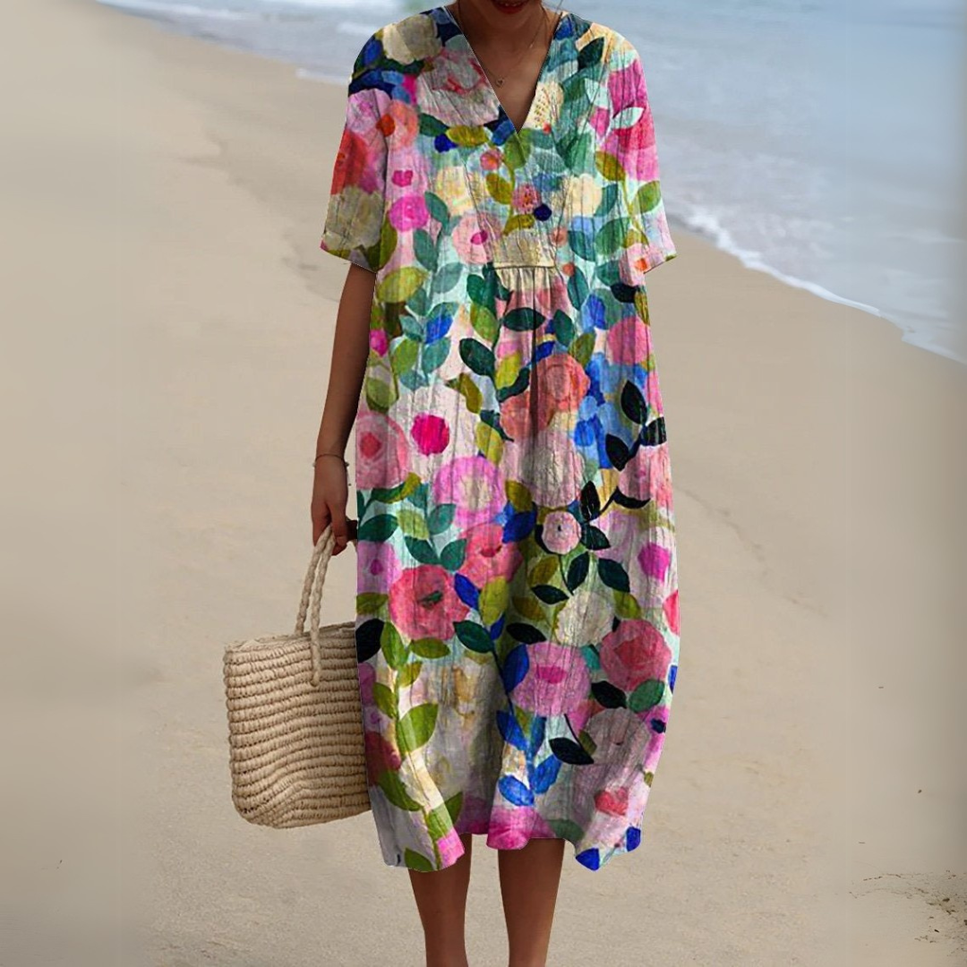Sommerkleid Damen mit Blumenmuster und V-Ausschnitt
