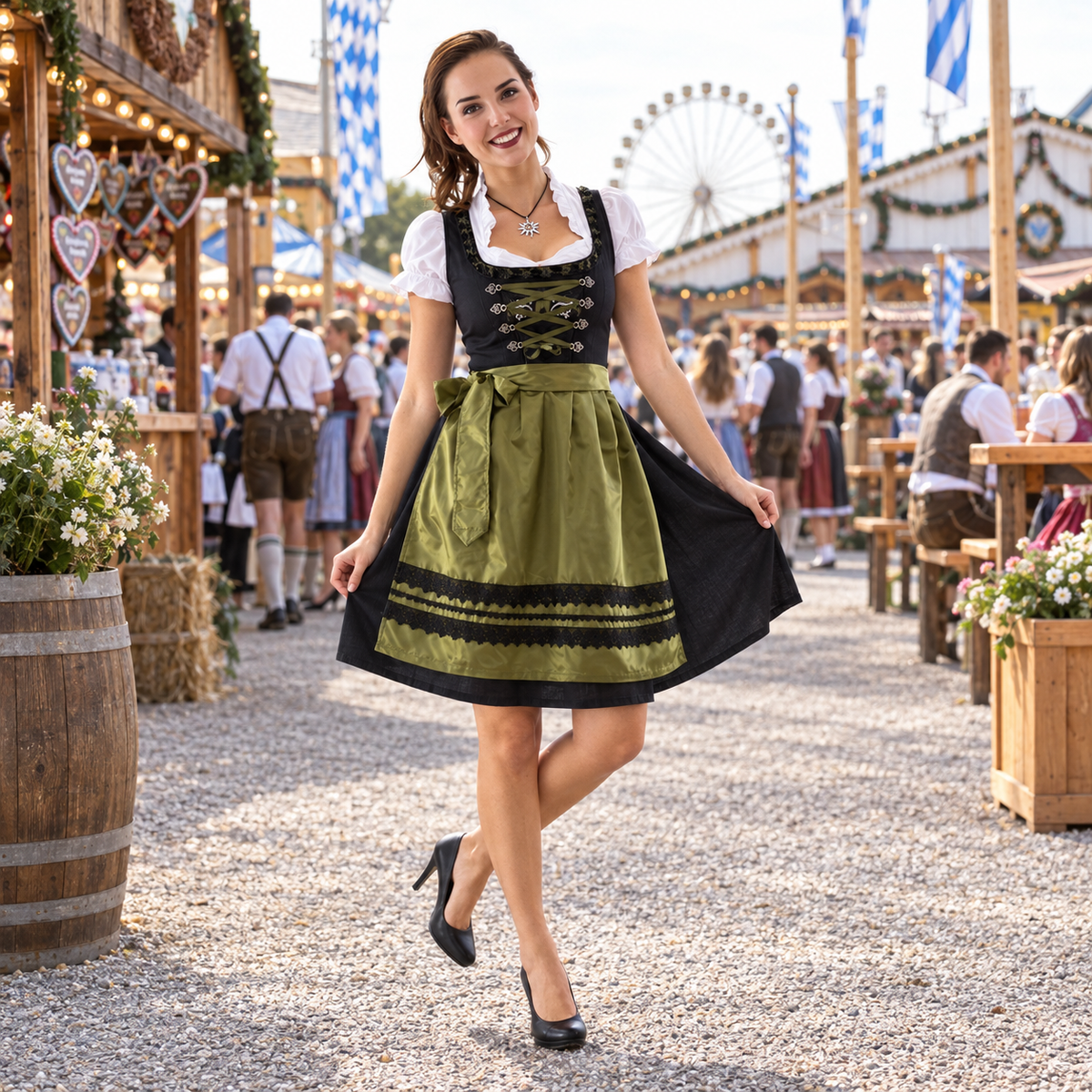 Dirndl Damen luxuriös in Schwarz/Olivgrün – Trachtenkleid