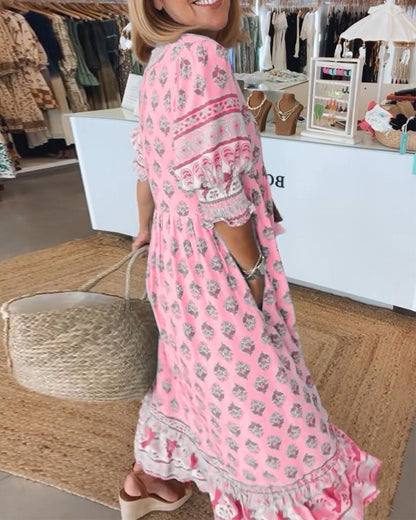 Kleid mit Blumenmuster und V-Ausschnitt – fließendes Sommerkleid