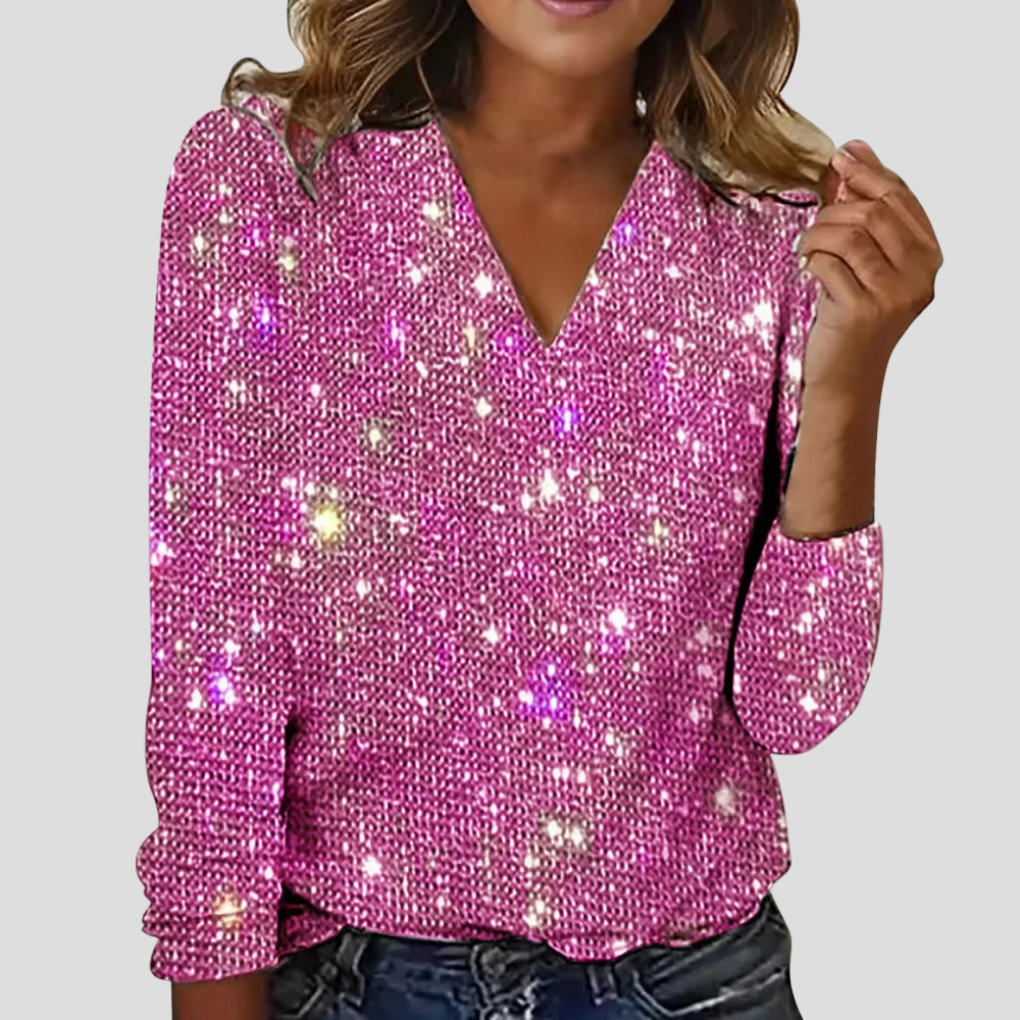 Damen Glitzerbluse mit V-Ausschnitt – elegante Langarmbluse