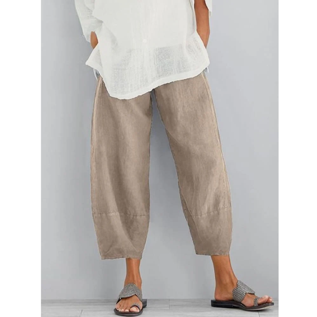 Leinenhose Damen in Khaki – lockere Freizeithose aus Leinen, Vorderansicht