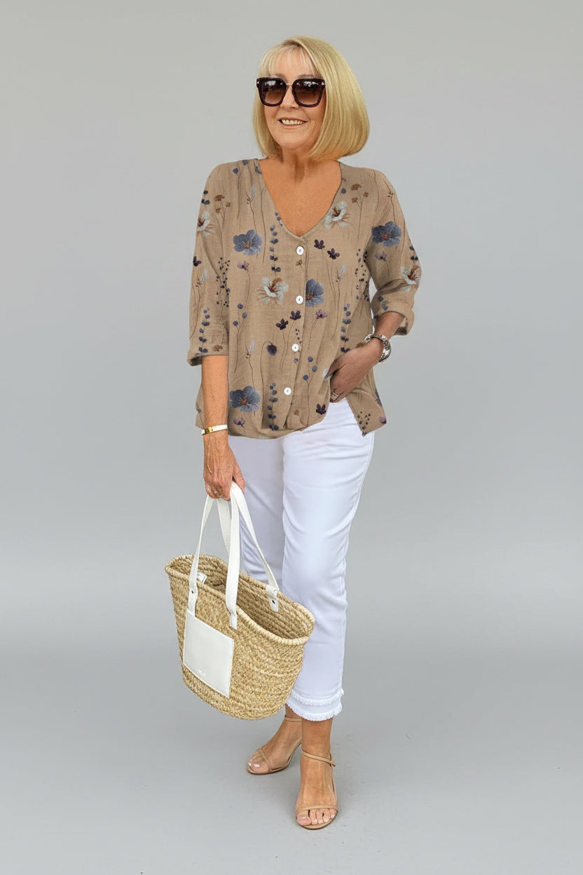 Blumenbluse Damen mit V-Ausschnitt aus Leinenmischung