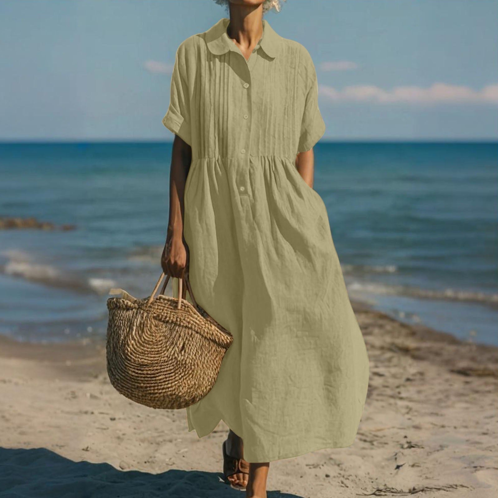 Hemdblusenkleid Damen aus Baumwolle – Midikleid, Detailansicht