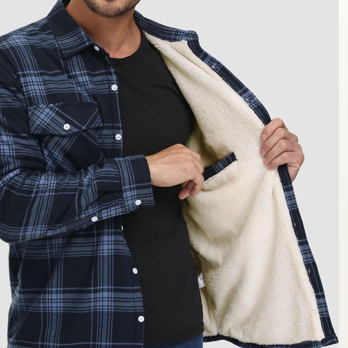 Hemdjacke Herren aus Baumwolle – karierte Overshirt-Jacke mit Sherpa-Futter
