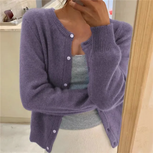 Damen Strickjacke mit Rundhals – langärmliger Cardigan