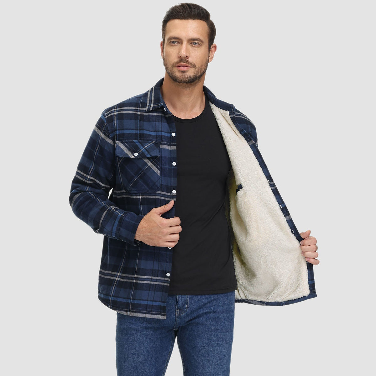 Hemdjacke Herren aus Baumwolle – karierte Overshirt-Jacke mit Sherpa-Futter