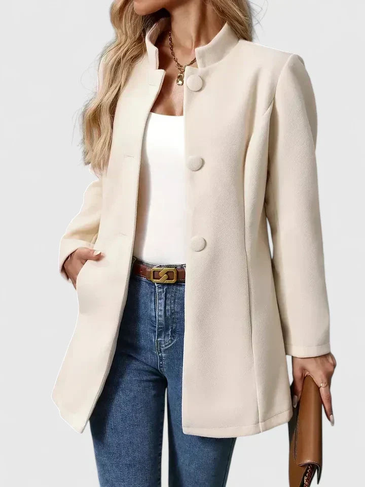 Elegante Jacke Damen ohne Kragen – taillierte Jacke mit Knopfverschluss