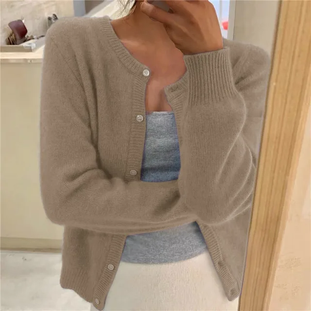Damen Strickjacke mit Rundhals – langärmliger Cardigan
