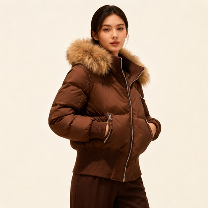 Gesteppte Winterjacke Damen aus Leinen mit Kapuze und Kunstfellbesatz