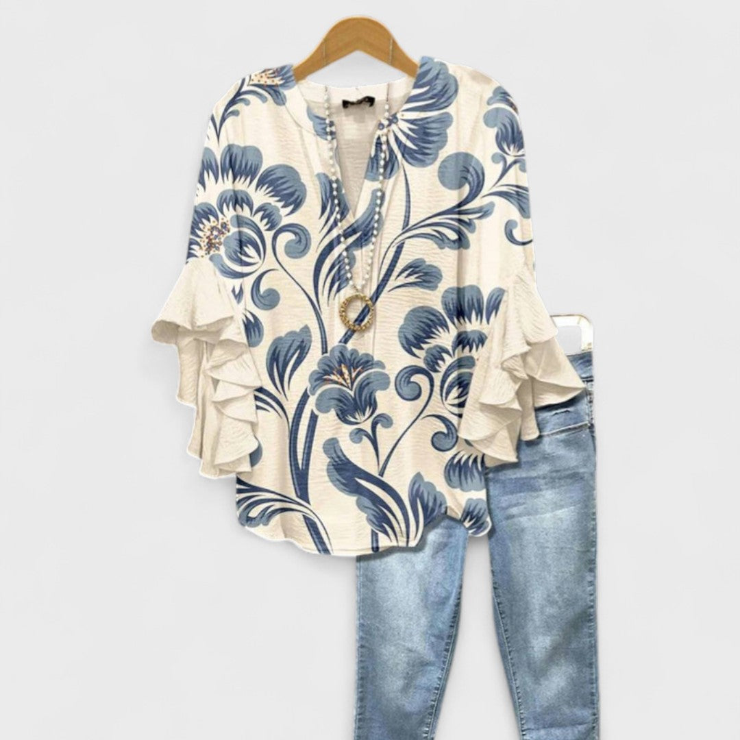 Bluse Damen mit V-Ausschnitt und Volant-Ärmeln