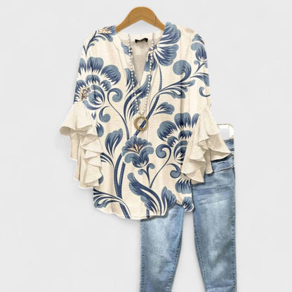 Bluse Damen mit V-Ausschnitt und Volant-Ärmeln
