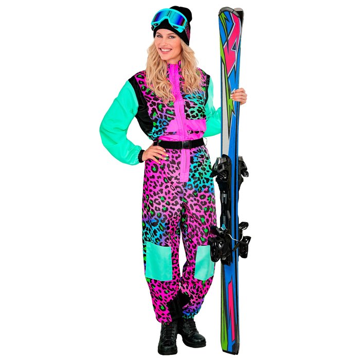 Damen Skianzug einteilig Leopard – bunter Retro-Overall in Türkis