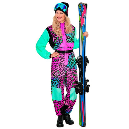 Damen Skianzug einteilig Leopard – bunter Retro-Overall in Türkis